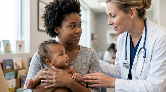Doctor consulting mother and baby in clinic exam room