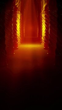 Gothic Red Concert Stage Visual of Spiral Pillars with Warm Ambient Fog