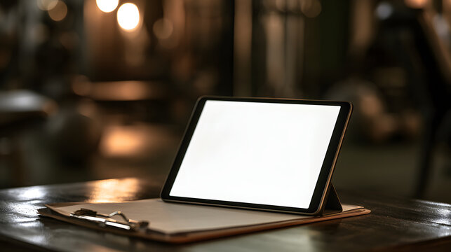 Digital tablet with a blank white screen rests on a wooden table inside a dimly lit gym.