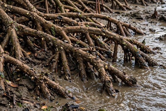 Detailed view of complex stilt roots of Rhizophora mucronata mangrove trees with attached small shells extending into muddy water on a tropical coastal wetland