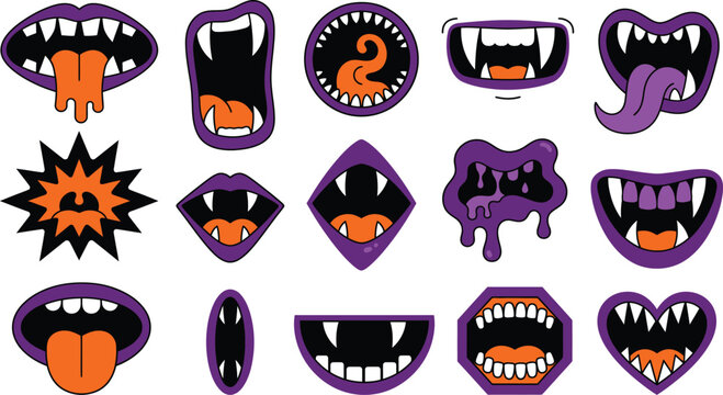 Set of spooky vampire mouths and monster teeth stickers with purple and orange colors for halloween party decoration