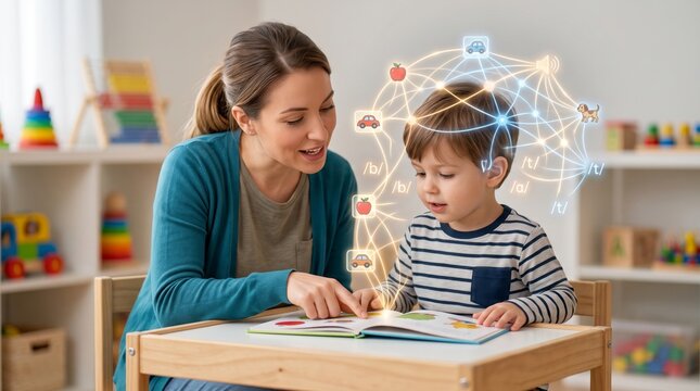 Woman teaching a boy speech sounds with picture book and educational digital icons. Early childhood language development, phonetics practice, learning support, and cognitive education concept.
