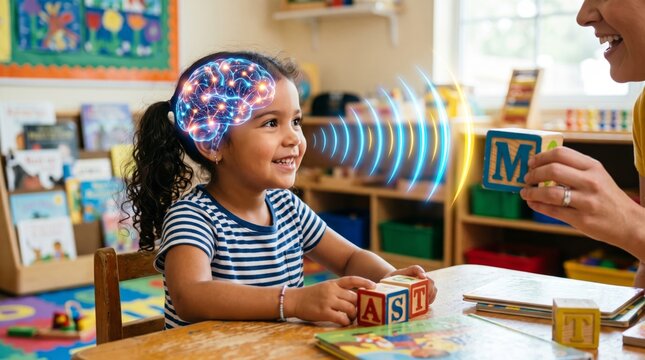 Girl learning letters with teacher using educational blocks and glowing brain concept in preschool classroom. Early childhood education, language development and cognitive learning.