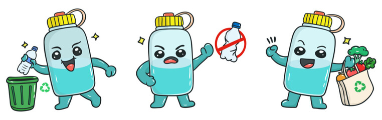 Fototapeta premium The Friendly Reusable Water Bottle Mascot Shows You How to Recycle, Ban Plastic Bottles, and Shop Sustainably for a Healthier Planet.