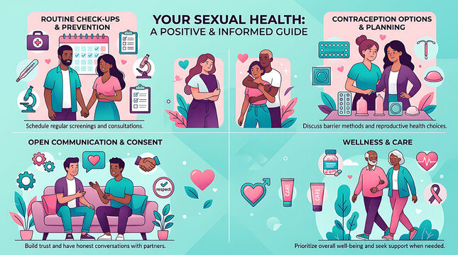 Sexual health education infographic with diverse couples and medical icons illustration
