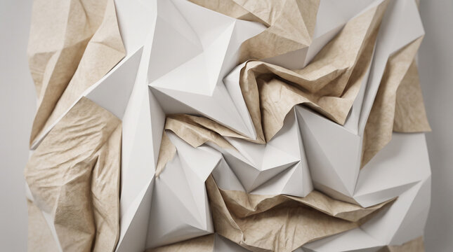 Abstract background of folded white and brown paper sheets creating geometric shapes and textured layers