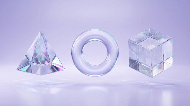 Abstract 3d geometric shapes with iridescent glass texture floating on a soft purple background