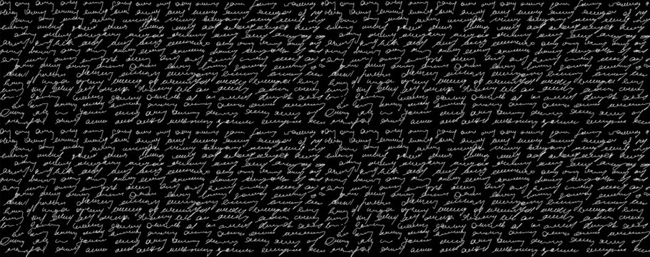 White text on black background. Overlay write script texture for paper. Vintage grunge letter with old handwritten pattern for antique scribble ephemera. Shabby lit and abstract fake handwriting