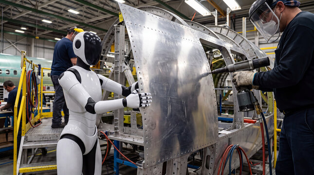 Robotic Assistance in Aircraft Assembly: A humanoid robot works alongside a human technician on a section of an aircraft fuselage.