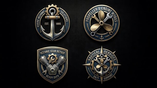Nautical marine engine and propeller repair service badges.