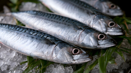 Obraz premium Mackerel lies fresh on crushed ice with green leaves ready for culinary preparation in a commercial kitchen.