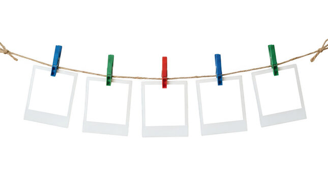 Five blank photo frames hanging on a rope isolated on transparent background