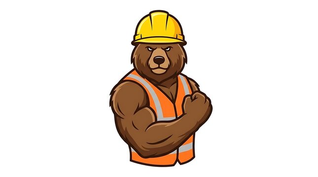 Strong bear construction worker mascot in yellow hard hat