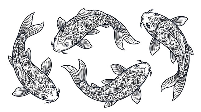 Stylized koi fish swimming circular line art.