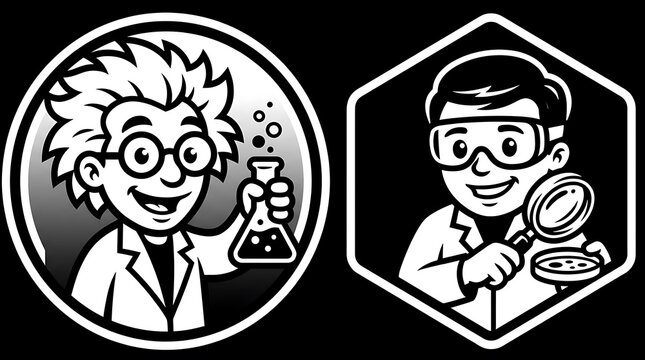 Two monochrome scientist mascots with laboratory equipment.