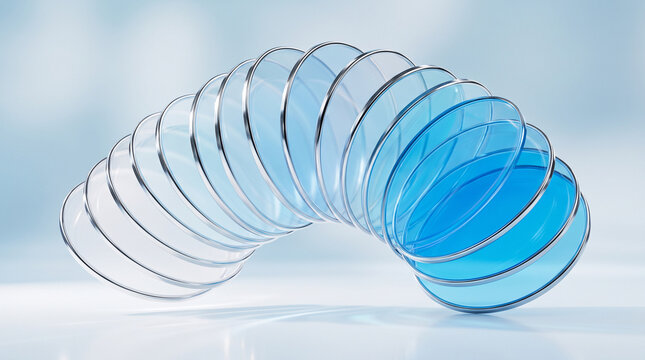 Abstract 3d render of a blue gradient glass slinky toy arching on a light surface