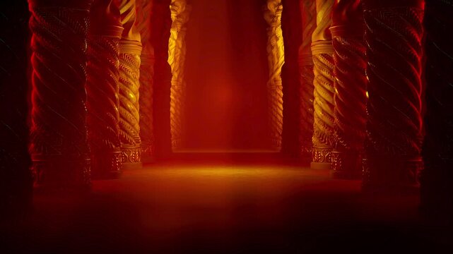 3D Render of Empty Stage Framed by Gothic Pillars Under Red Spotlight