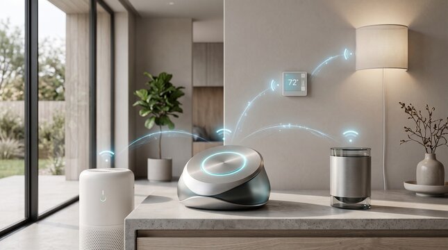 Smart home central hub device connecting wirelessly to air purifier speaker and thermostat, symbolizing internet of things iot automation