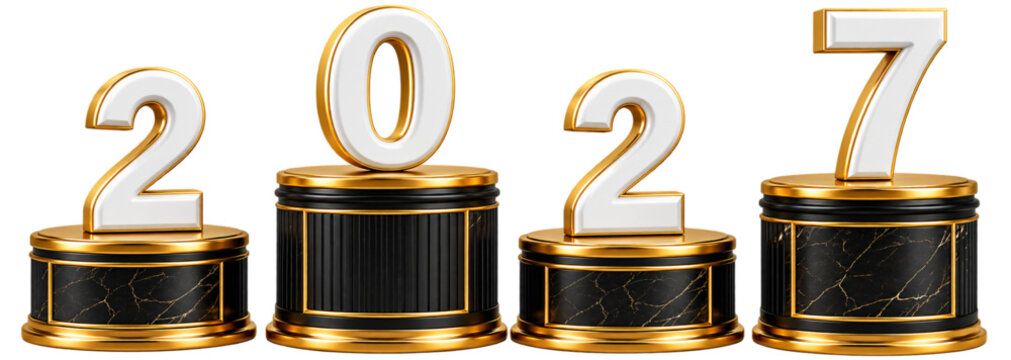 Premium 3D 2027 numbers featuring white numerals with metallic gold edges displayed on elegant black and gold podiums for New Year celebrations and events.