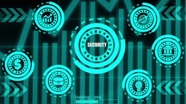 Abstract security concept with digital interface showing various business icons and loading bar.