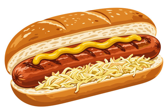 German Bratwurst Sausage Hot Dog with Sauerkraut and Mustard Oktoberfest Food Truck Menu Fast Food Vector Illustration