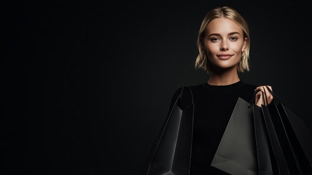 Elegant Blonde Woman Holding Black Shopping Bags on Dark Background