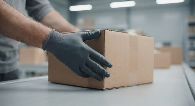 Worker placing cardboard box on warehouse conveyor belt