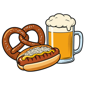 Oktoberfest German Food Set Beer Mug Pretzel Bratwurst Sausage Bar Menu Festival Pub Vector Illustration