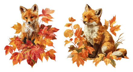 Fototapeta premium PNG Autumn fox illustrations with colorful fall leaves, transparent background