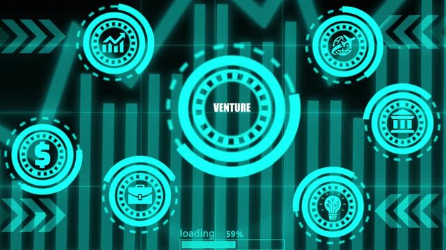 Venture capital startup concept animation with digital interface loading data bar graphics.