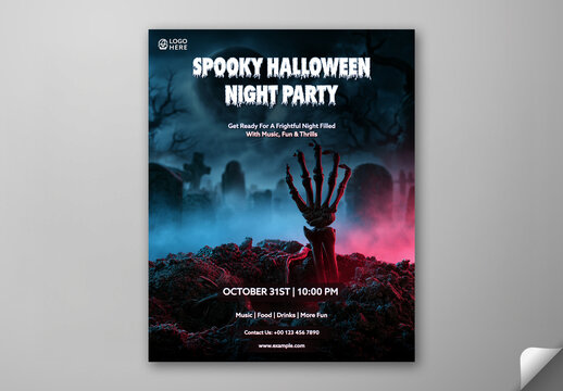 Editable Halloween Night Party Social Media Post Template with Skeleton Hand Coming Out at Graveyard for Event Detail.