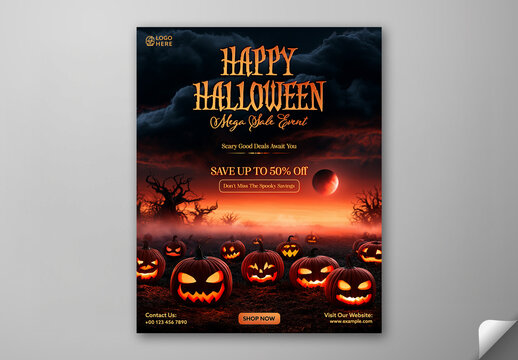 Editable Halloween Mega Sale Social Media Post Template with 50 Percent Off on Spooky Pumpkin Red Background.