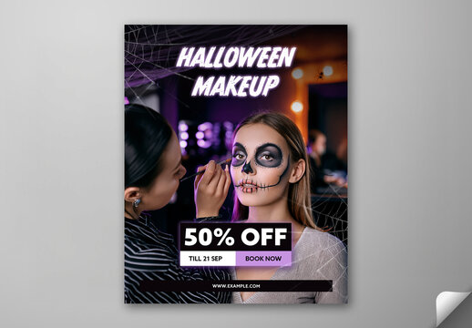 Editable Halloween Makeup Promotion Social Media Post Template with Salon Artist Preparing Woman for Party.