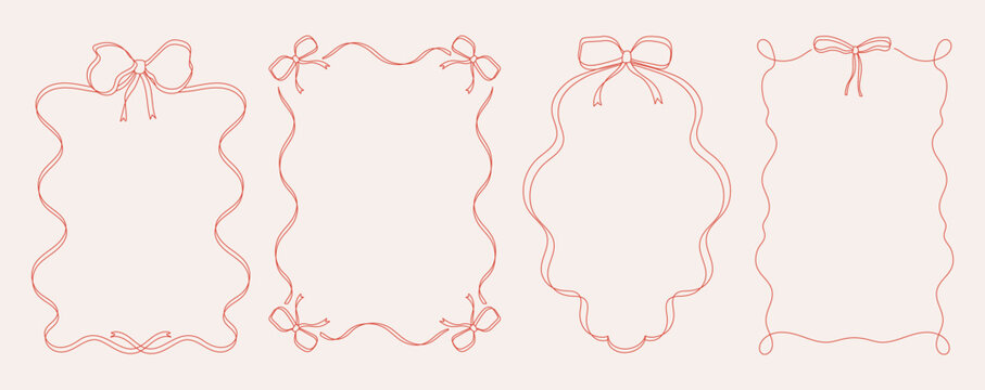 Red ribbon bow frame border set for christmas or valentine cards, banner, invitation. Vector