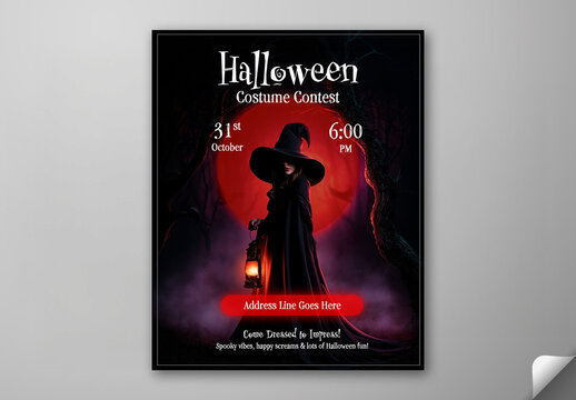 Editable Halloween Costume Contest Social Media Post Template with Witch Holding Lantern at Night.