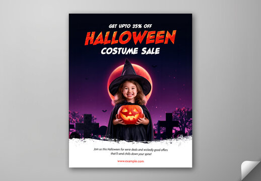 Editable Halloween Costume Sale Social Media Template with 35 Percent Off and Witch Held Pumpkin Lamp at Graveyard.