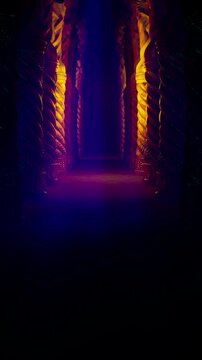 Gothic Blue Red Concert Stage Visual of Spiral Pillars with Warm Ambient Fog