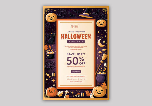 Editable Halloween Mega Sale Flyer Template Design in Purple and Orange Color with 50 Percent Off.