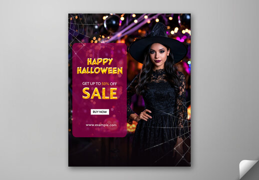 Editable Halloween Sale Social Media Template Design with 50 Percent Off and Witch at Party.