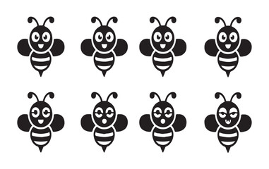 Fototapeta premium Cute black bee emoticon icons with funny facial expressions set on checkered background for web decoration.