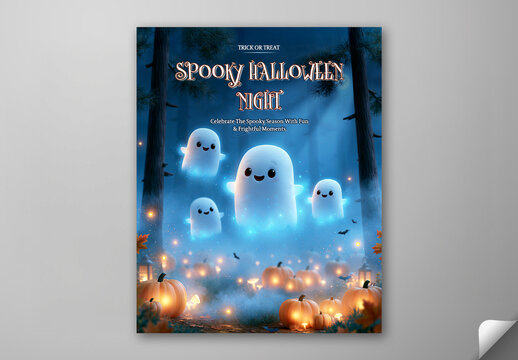 Editable Halloween Night Celebration Social Media Post Template with Flying Ghost and Jack O Lantern at Night Forest.