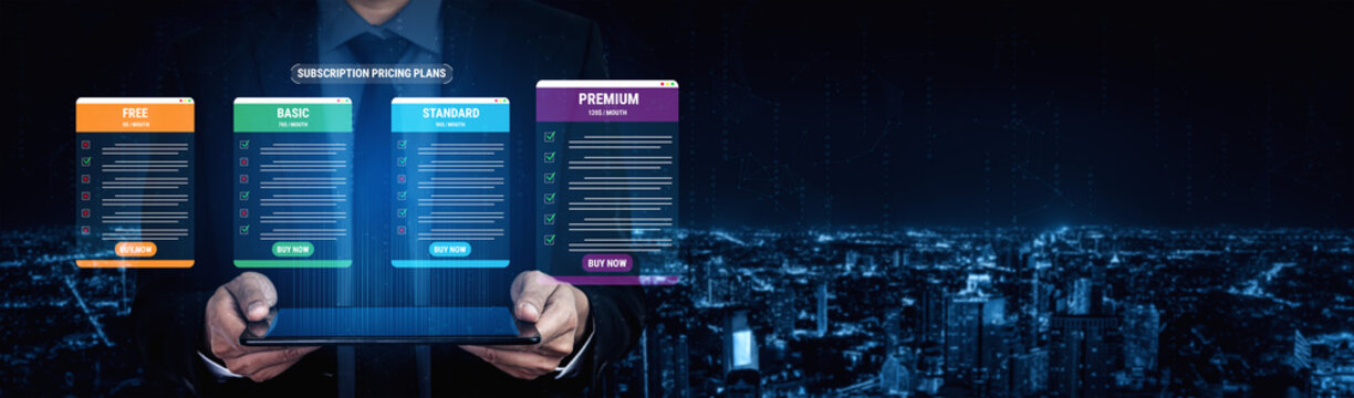 Modern Hands Holding Digital Subscription Plans on Tablet Overlooking a City Skyline at Night with Highlighted Options for Users. Glyphic.