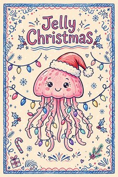 Vertical Whimsical colored pencil drawing of a cute kawaii jellyfish in a Santa hat tangled in string lights for a punny 'Jelly Christmas' greeting card on a festive doodle background.