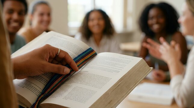 Diverse students studying sociology in a classroom with open textbook and bookmark.