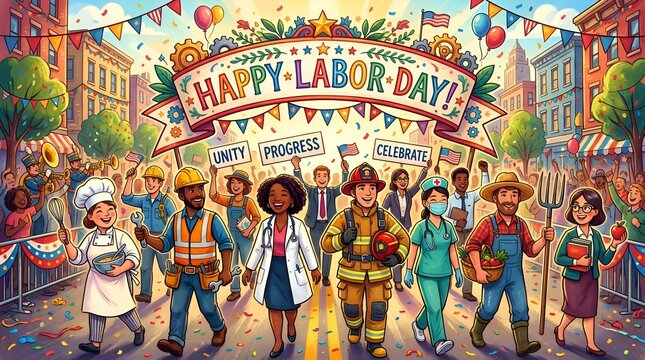 Happy Labor Day Parade: Diverse Workers Celebrate Unity & Progress