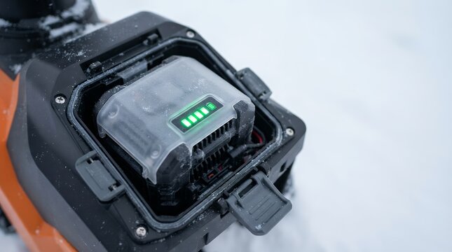 Lithium ion battery pack with glowing green charge indicator in electric snow blower.