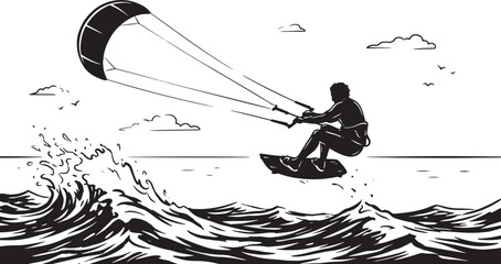 Fototapeta premium Black and white of a kitesurfer jumping over ocean waves with a large kite in the sky also transparent background