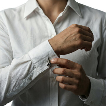 Cufflinks shirt hands, elegant business person adjusting metallic cufflink on white formal attire isolated on a transparent background for professional design