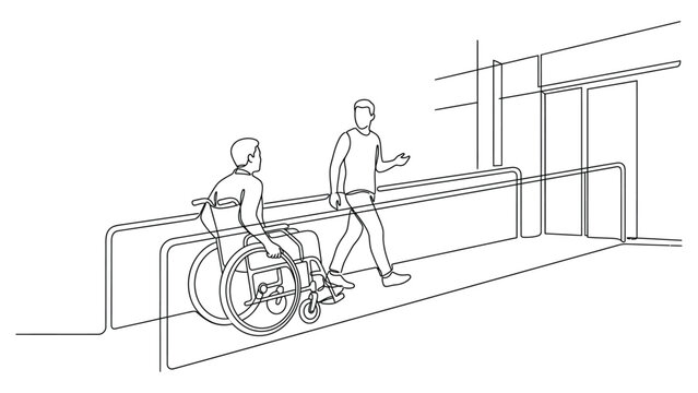 A line art illustration of a person in a wheelchair and a walking man on a ramp.