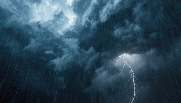 Lightning bolt striking through dark storm clouds during a heavy downpour of rain with dramatic atmospheric illumination filling the night sky above the horizon.